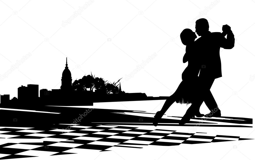 Couple dancing the tango on the chess floor