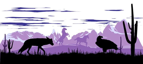 Divocí koně, kojot a orel v stepi argentina — Stock fotografie