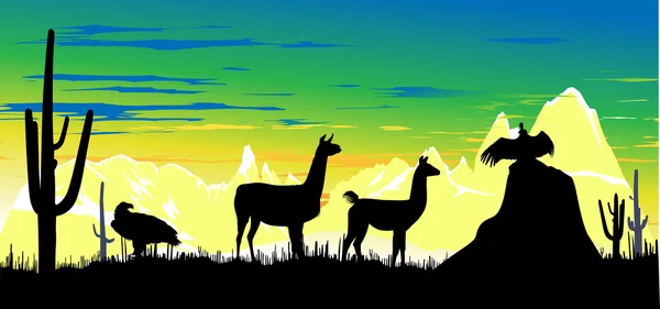 Wild llama and birds on the colorful sky background — Stock Photo, Image