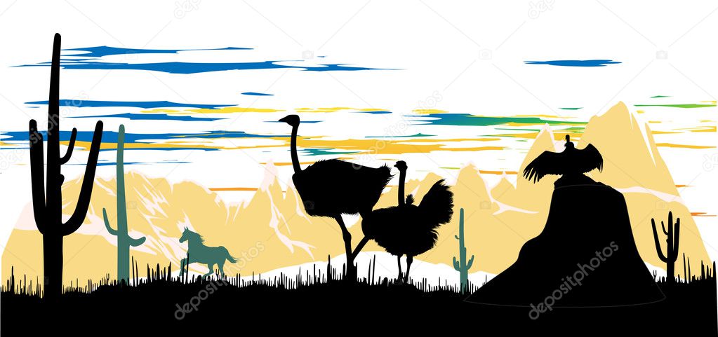 Wild ostriches, horse and vulture, sitting on a rock