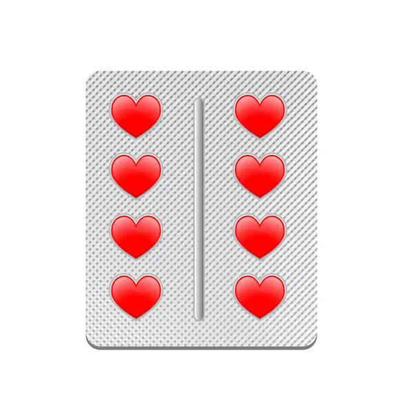 Packaging of tablets in the form of red hearts — Stock Photo, Image
