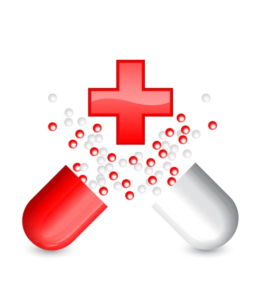 O comprimido partido ao meio com uma cruz vermelha no meio — Fotografia de Stock
