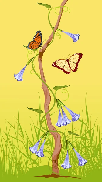 Открытка с цветами колокольчики на деревянном стебле с бабочками — стоковое фото