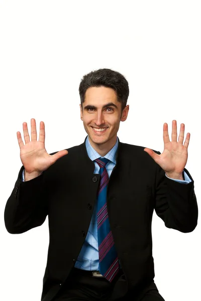 Fiatal üzletember mutatja kéz jelek. — Stock Fotó
