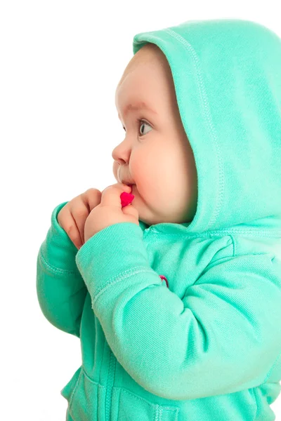 Baby girl in coat with hood — Stock Photo, Image