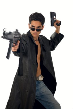 Handsome man with gun in leather raincoat clipart