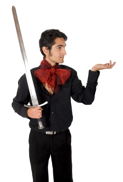 Glamour man with sword and bow. — Stock Photo, Image