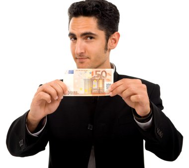 Successful businessman with bank note of euro clipart