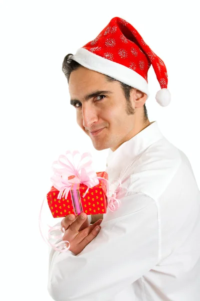Homem de Natal com presente — Fotografia de Stock