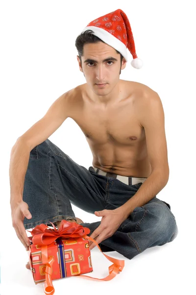 Christmas man with present. — Stock Photo, Image
