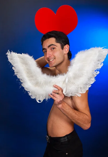 Glamour man with white wings. — Stock Photo, Image