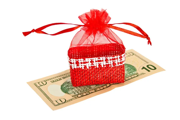 Red straw paper-bag with money. — Stock Photo, Image