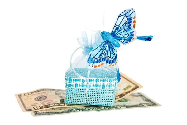 Blue straw paper-bag with money and butterfly. — Stock Photo, Image