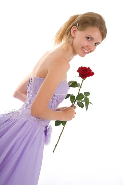 Menina loira jovem em vestido de bola lilás — Fotografia de Stock