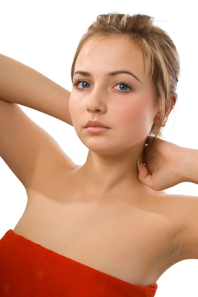 Beautiful girl with red silk. — Stock Photo, Image
