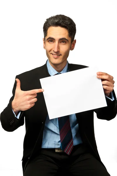 Young businessman is showing the advertisement — Stock Photo, Image