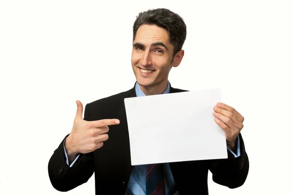 Young businessman is showing the advertisement — Stock Photo, Image
