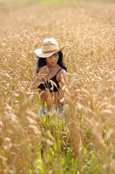 Country Girl In Wheatfield — Stock Photo, Image