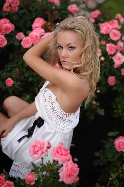 Blond kobieta siedzi wśród róż — Zdjęcie stockowe