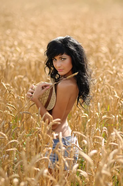 Donna in topless a Wheatfield Foto Stock Royalty Free