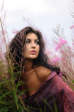 Beautiful Brunette In Nature clipart