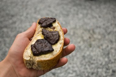 Bread with fried whale meat clipart