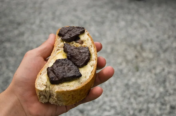 stock image Bread with fried whale meat