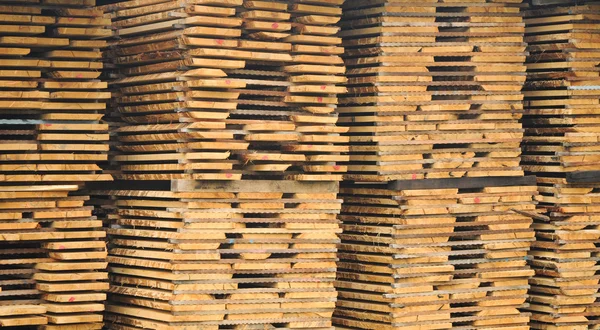 Tábuas de madeira armazenadas no exterior para posterior transformação ou expedição — Fotografia de Stock