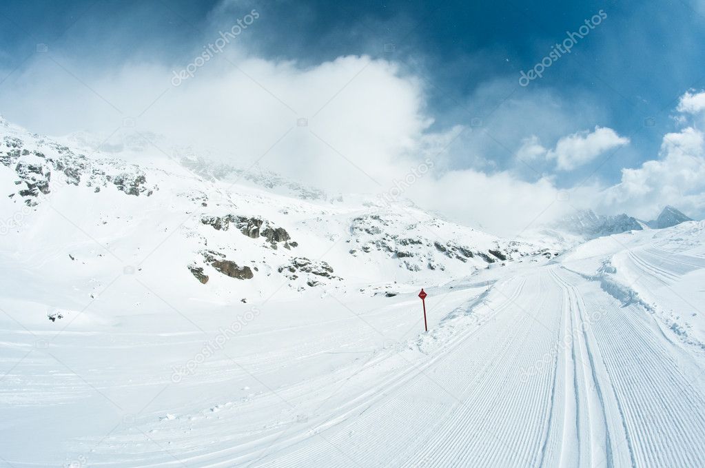Skiing track under beautiful sky