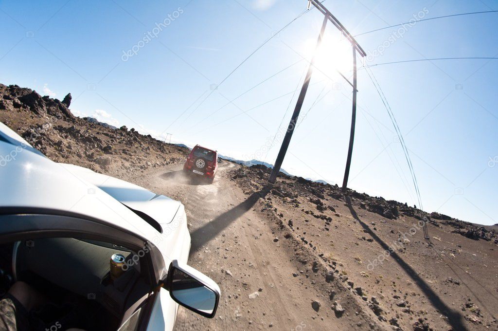 Driving in the rock desert - dangerous road