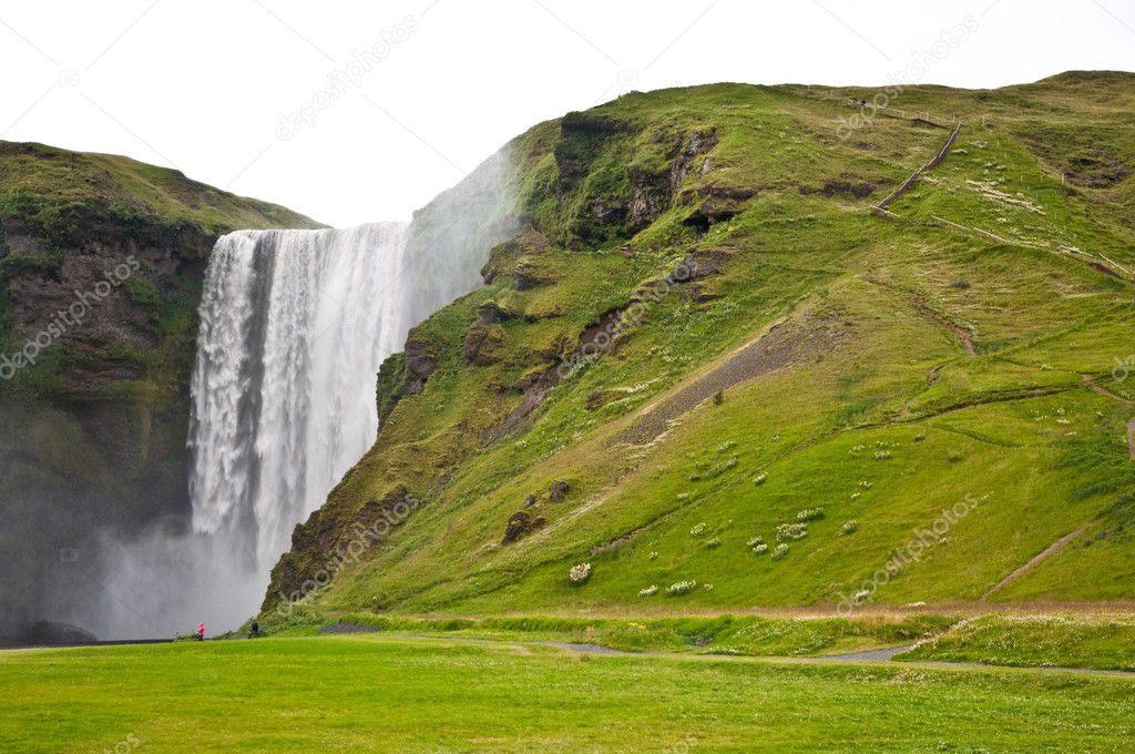 Famous Skogarfoss waterfall, popular tourist spot in Iceland