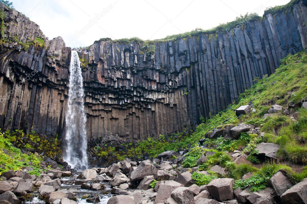 Svartifoss, famous Black waterfall, popular tourist spot in Iceland's Skaftafel national park