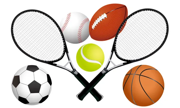 Sports balls and tennis rackets — Stock Vector