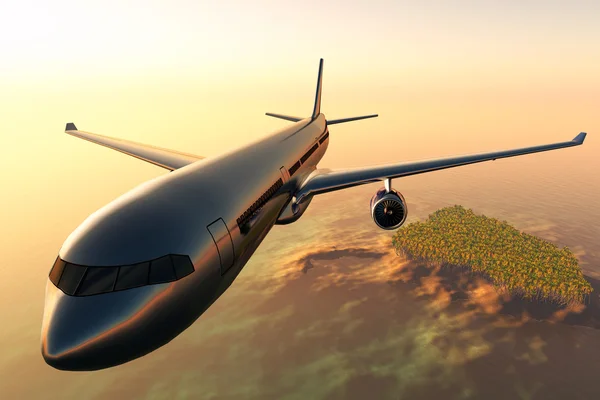 Avión volando sobre una isla tropical en la puesta del sol 3D render — Foto de Stock