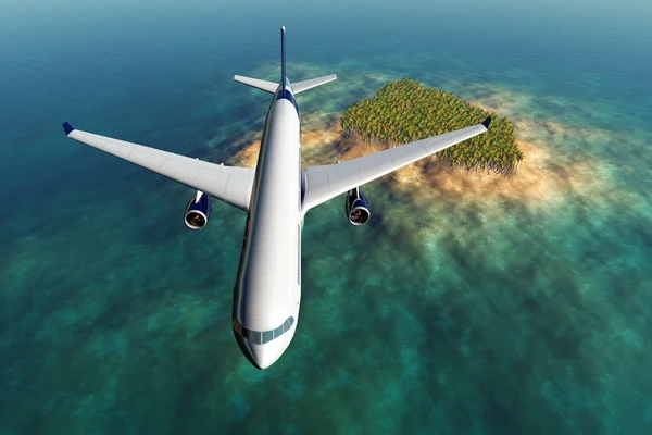 Самолет, летящий над тропическим островом 3D рендеринг — стоковое фото