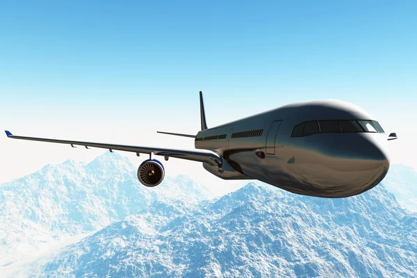 Flygplan som flyger i över ett kallt område 3d render — Stockfoto