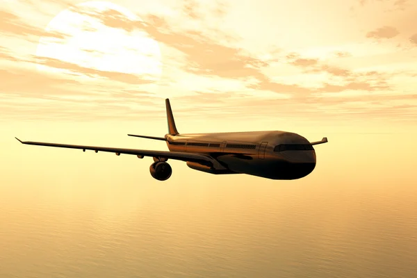 Flugzeug fliegt im Sonnenuntergang 3D-Rendering — Stockfoto
