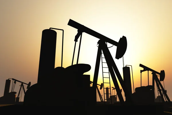 El campo de petróleo bombea las siluetas en el renderizado 3D Sunset — Foto de Stock