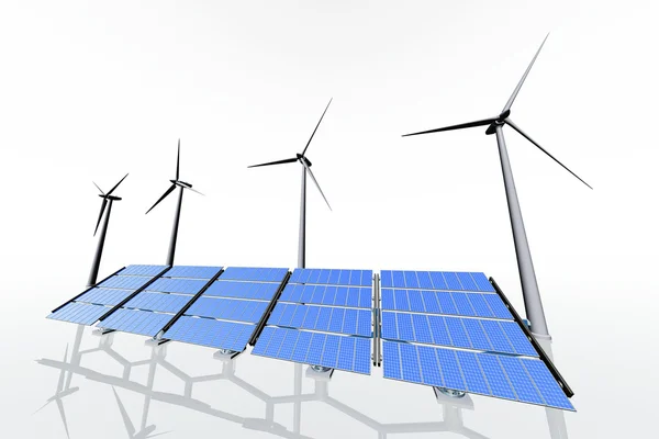 Panele słoneczne i wiatr turbiny render 3d — Zdjęcie stockowe