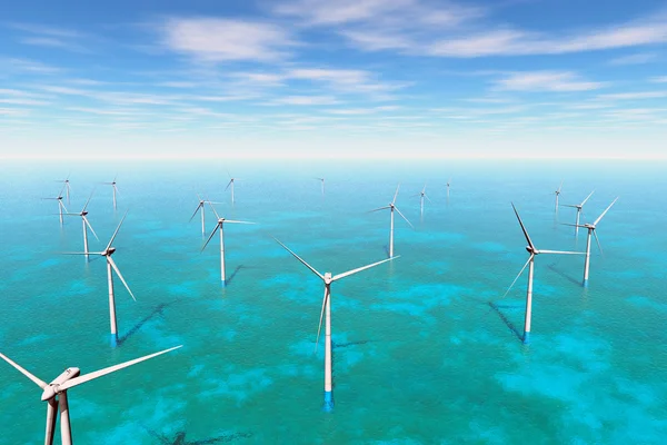 Windmolenpark in de zee 3d render — Stockfoto