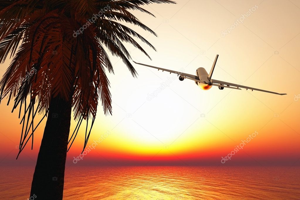 Airplane leaving tropical paradise 3D render
