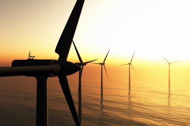 Windfarm in the sea 3D render sunset clipart