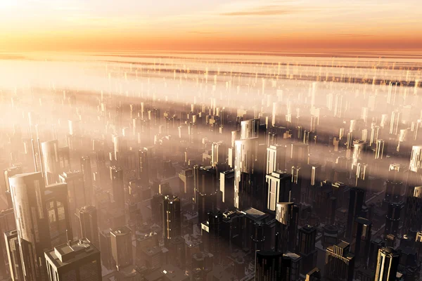 Metropolis Sunset 3D renderizar smog pesado — Foto de Stock