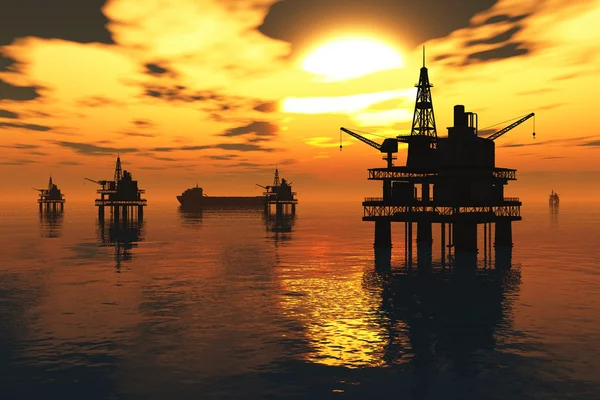 El campo de petróleo bombea las siluetas en el renderizado 3D Sunset —  Fotos de Stock