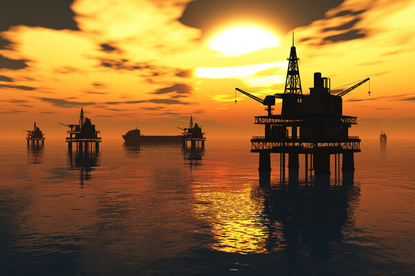 Oil Field Pumps Silhouettes in the Sunset 3D render