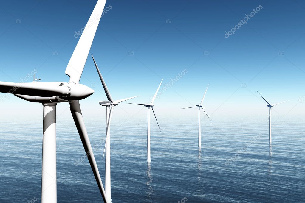 Windfarm in the sea 3D render