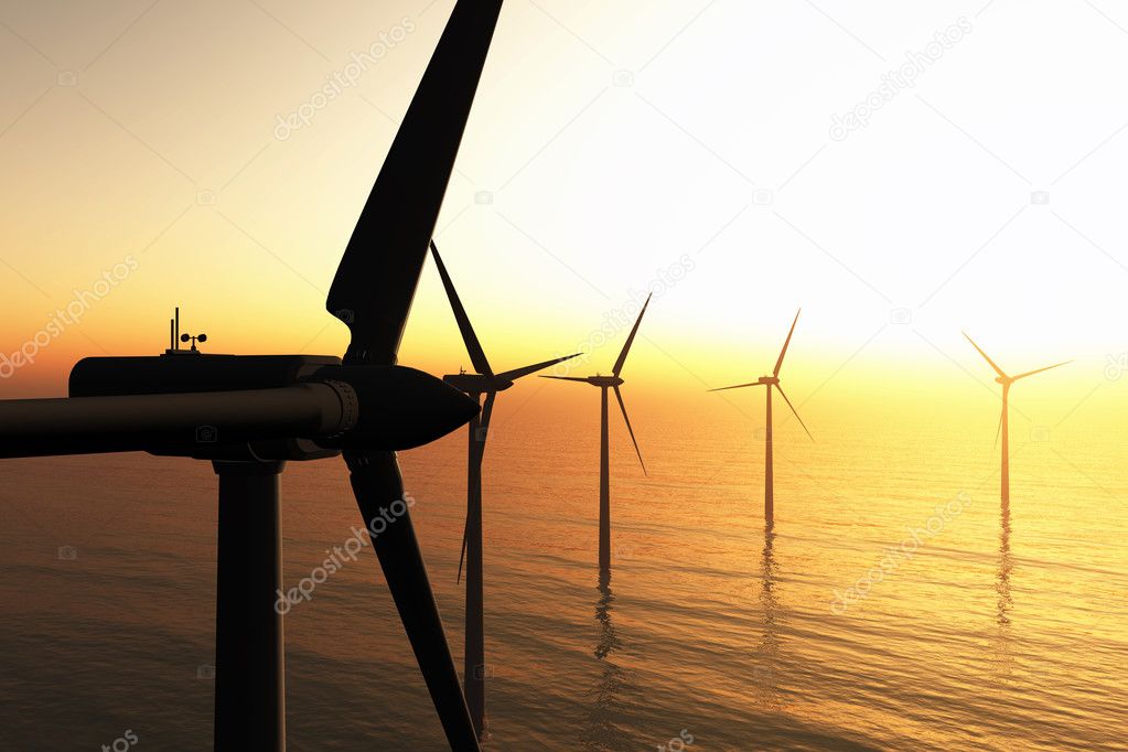 Windfarm in the sea 3D render sunset