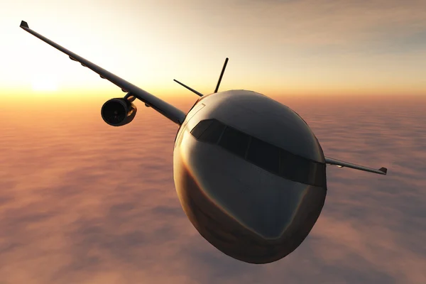 Flugzeug fliegt im Sonnenuntergang 3D-Rendering — Stockfoto