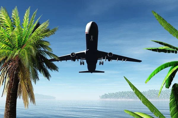 Airplane Arriving in tropical Paradise 3D render — Stock Photo, Image