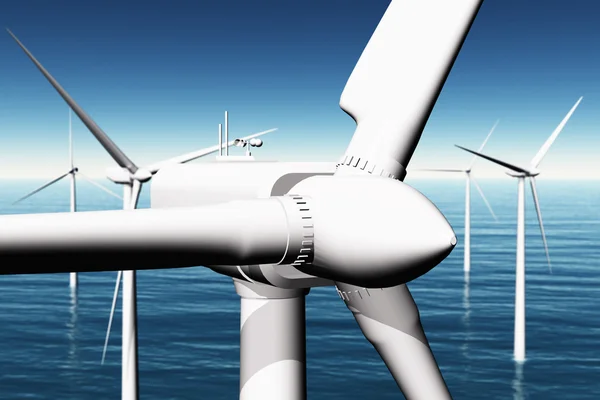 Turbiny wiatrowe w morza render 3d — Zdjęcie stockowe